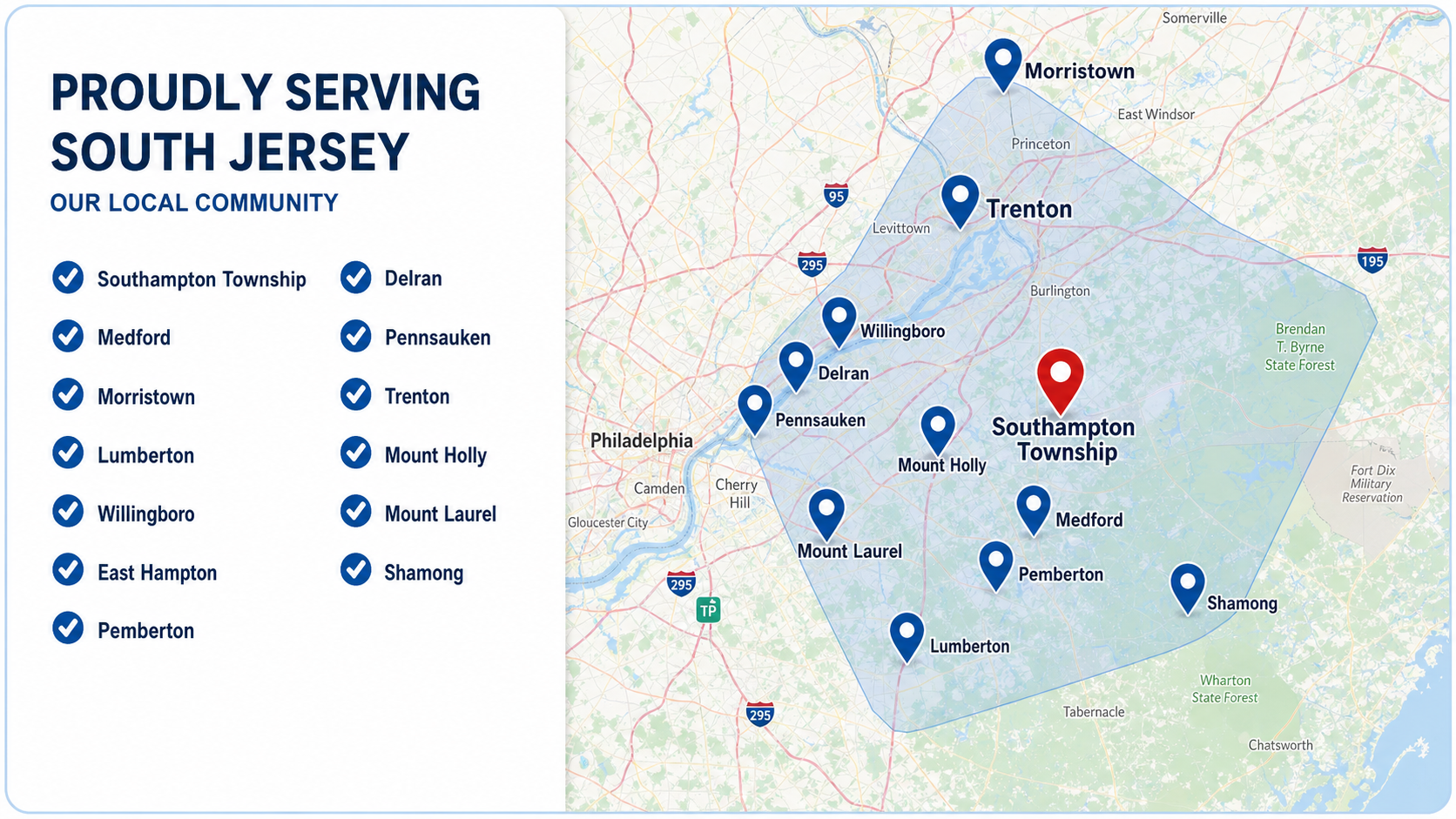 Map of South Jersey towns served by Edwards & Sons Pro